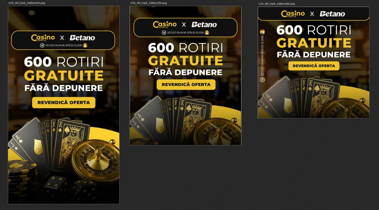 Dark casino campaign adapted to story, portrait and square formats