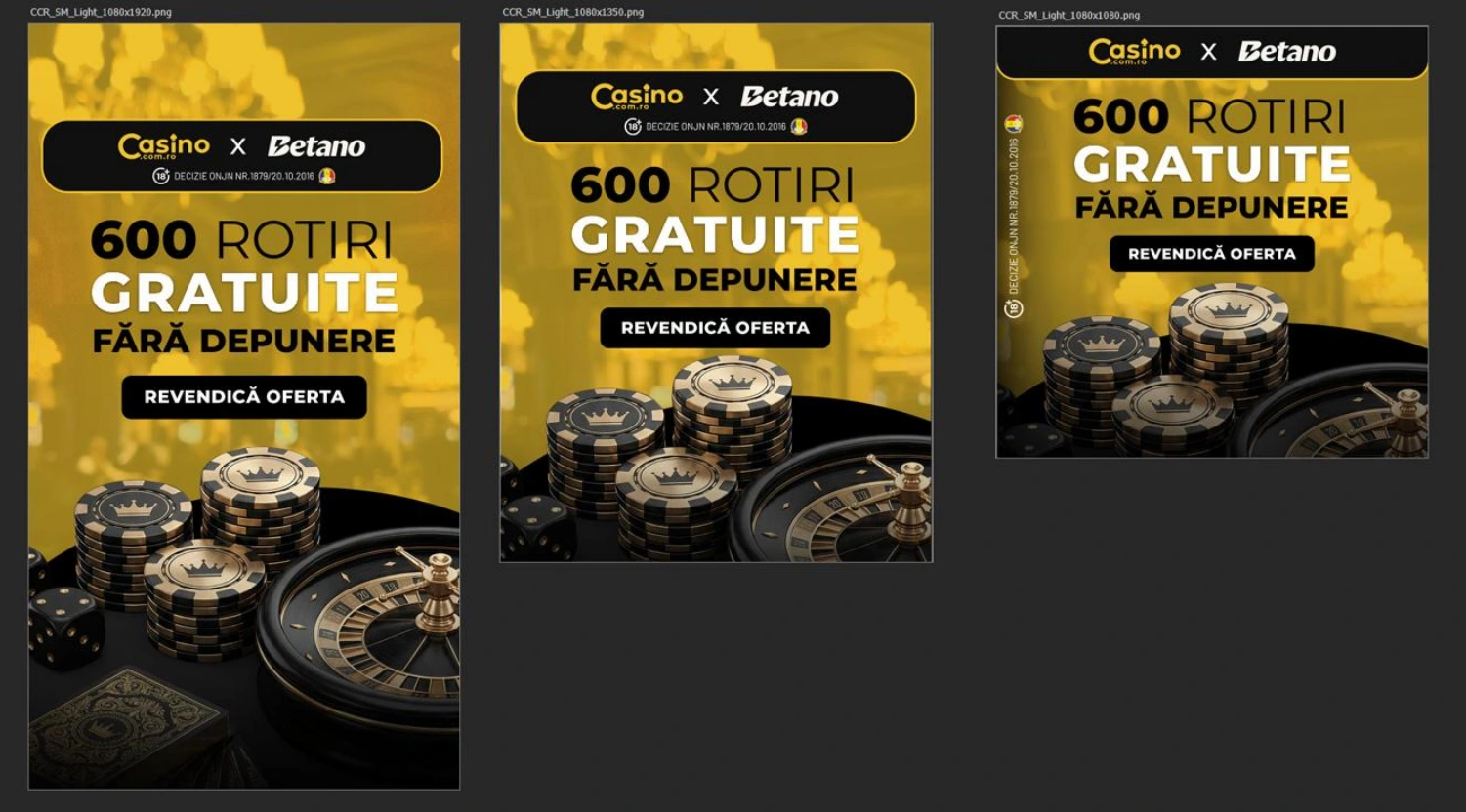 Light casino campaign theme adapted to three formats