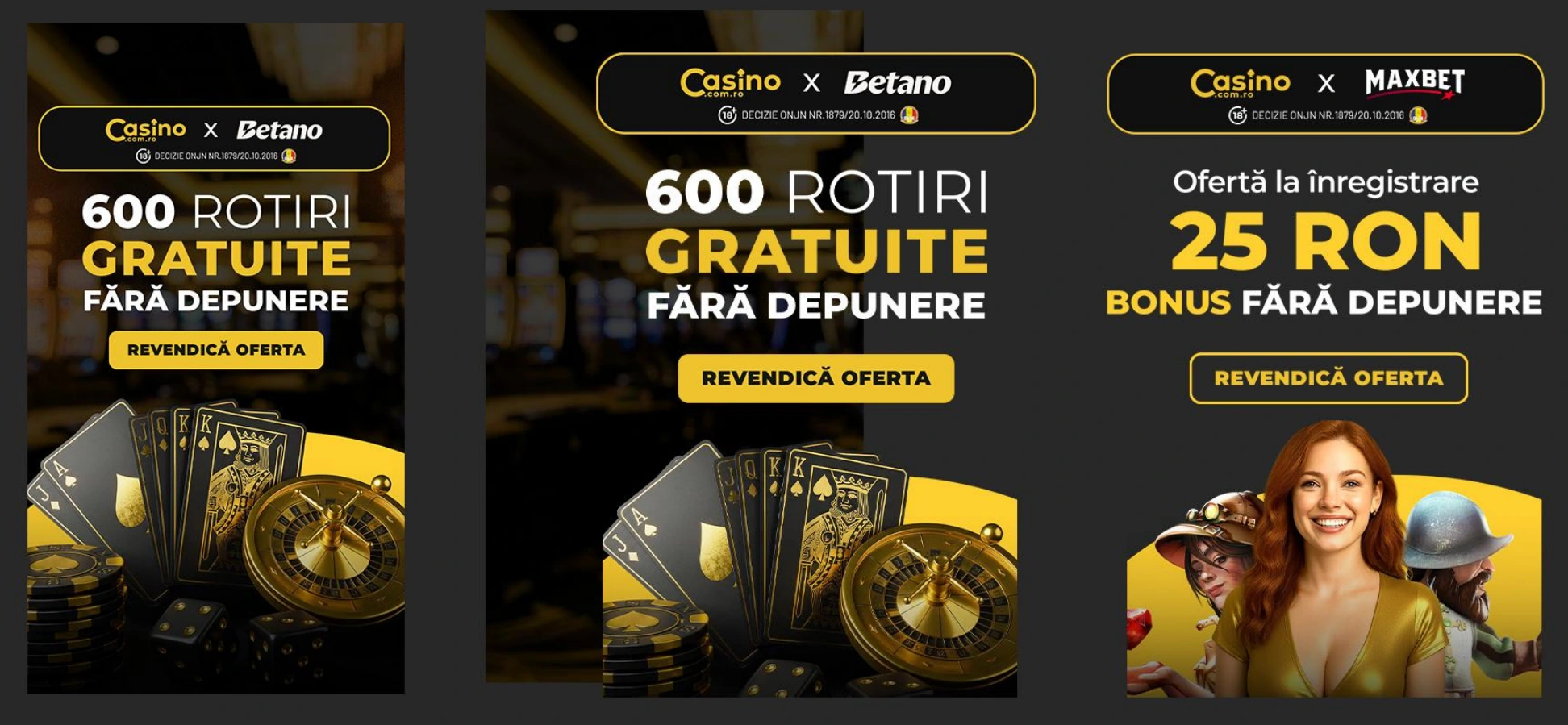 Three casino.com.ro campaign variations with different partners, offers and key visuals
