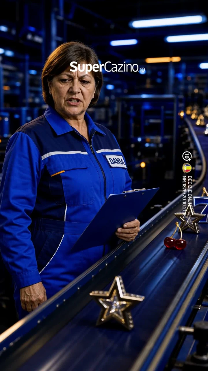 Dana at a factory conveyor producing golden slot symbols