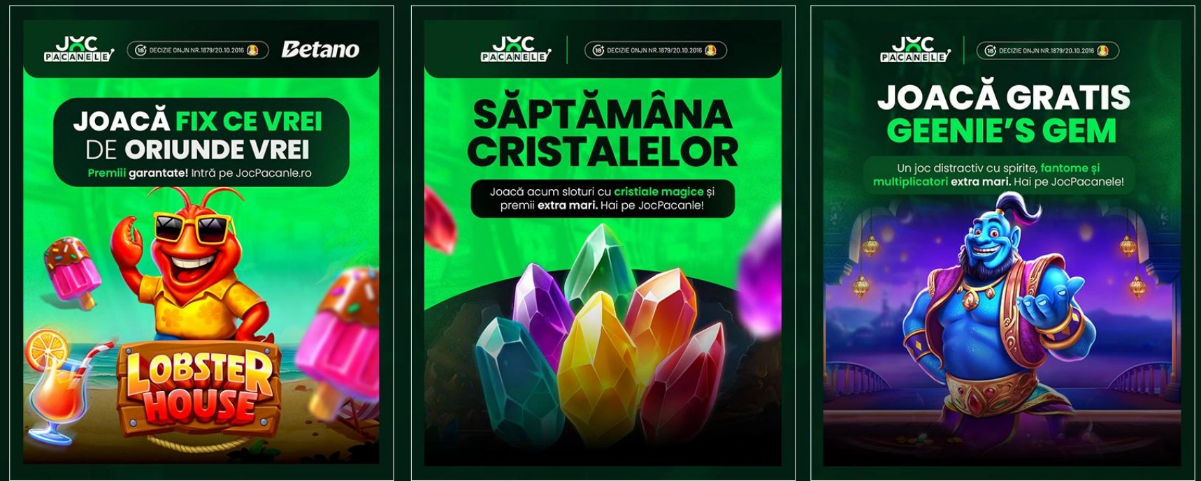 Three proposed JocPăcănele campaign designs using consistent green brand templates