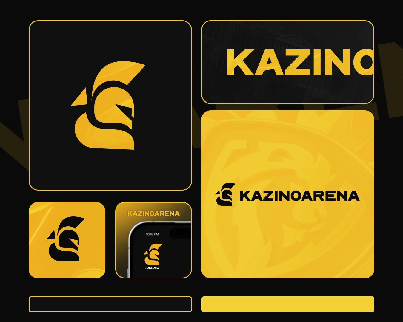 KazinoArena brand identity board showing a golden helmet-inspired logo, black and gold wordmark, app icon and mobile application