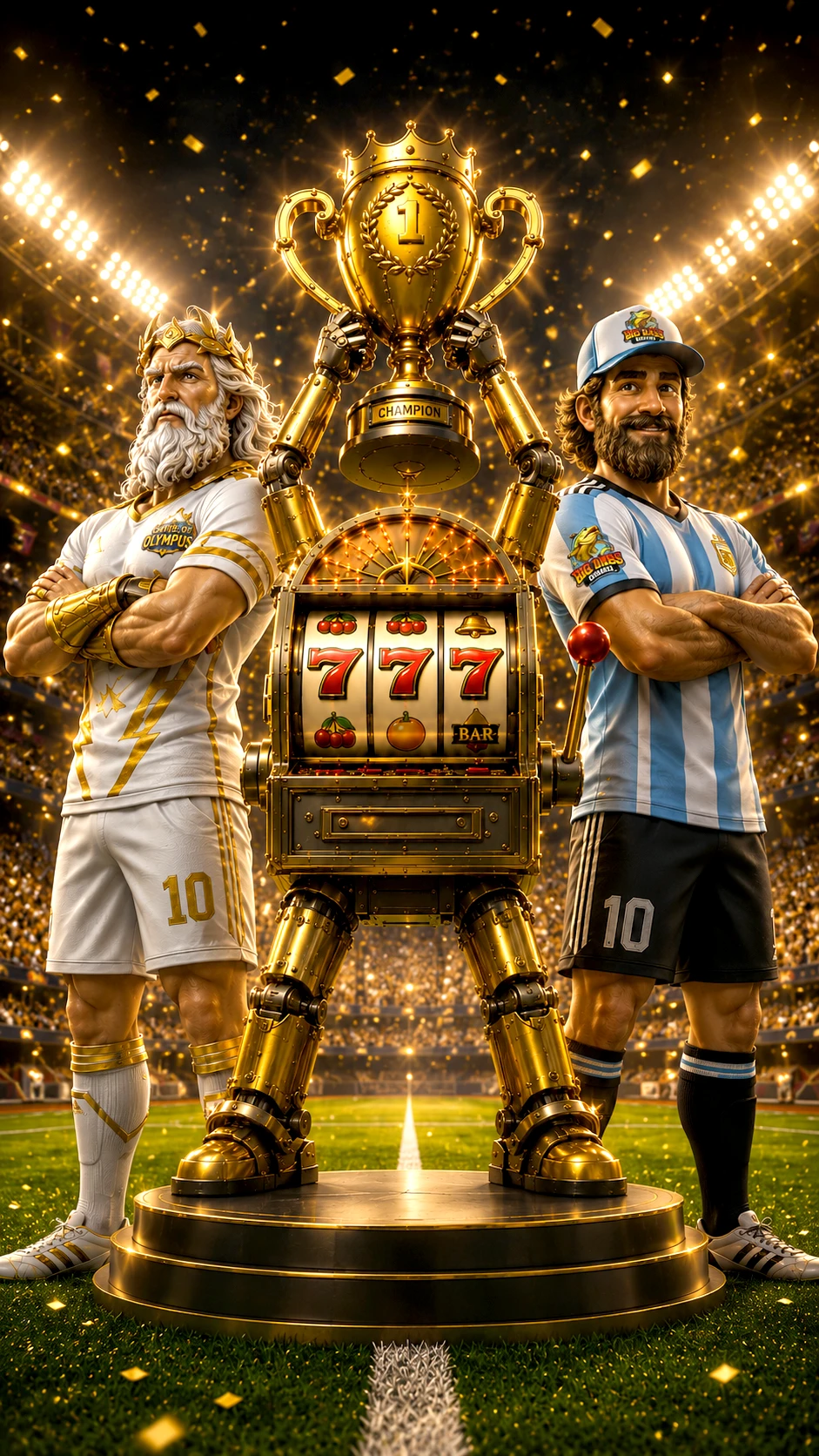 Slot characters reimagined as football players beside the campaign trophy