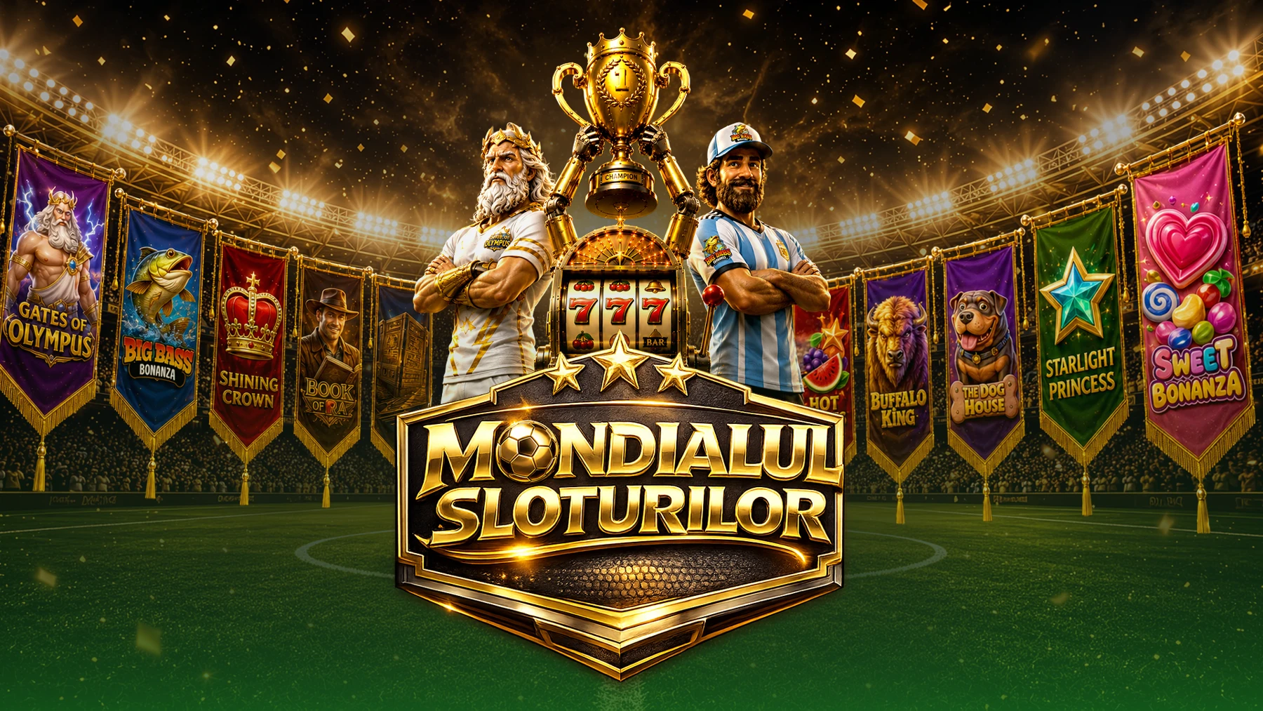 Mondialul Sloturilor campaign key visual: a golden trophy in a football stadium with slot characters and team banners