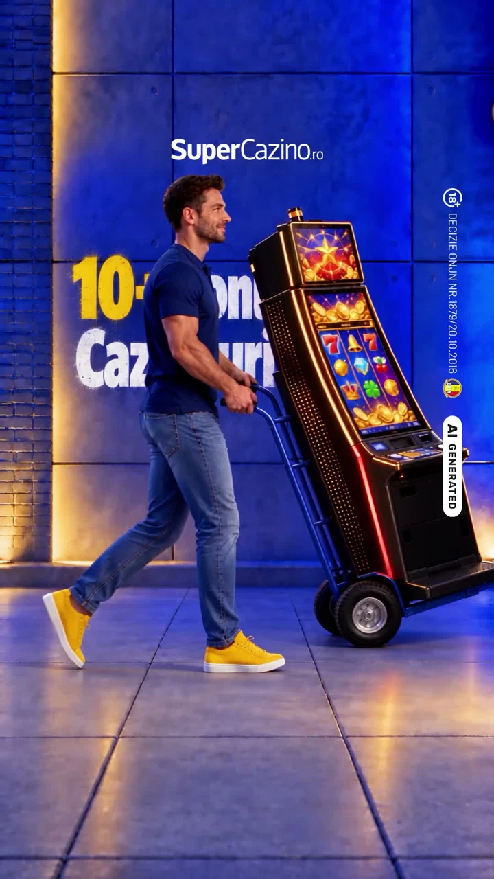 A man transporting a slot machine past a blue wall